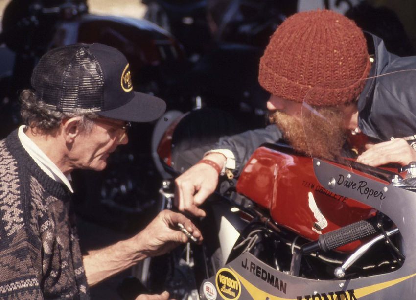 Nobby Clark und Fahrer Dave Roper 1992 auf dem Roebling Road Raceway/USA