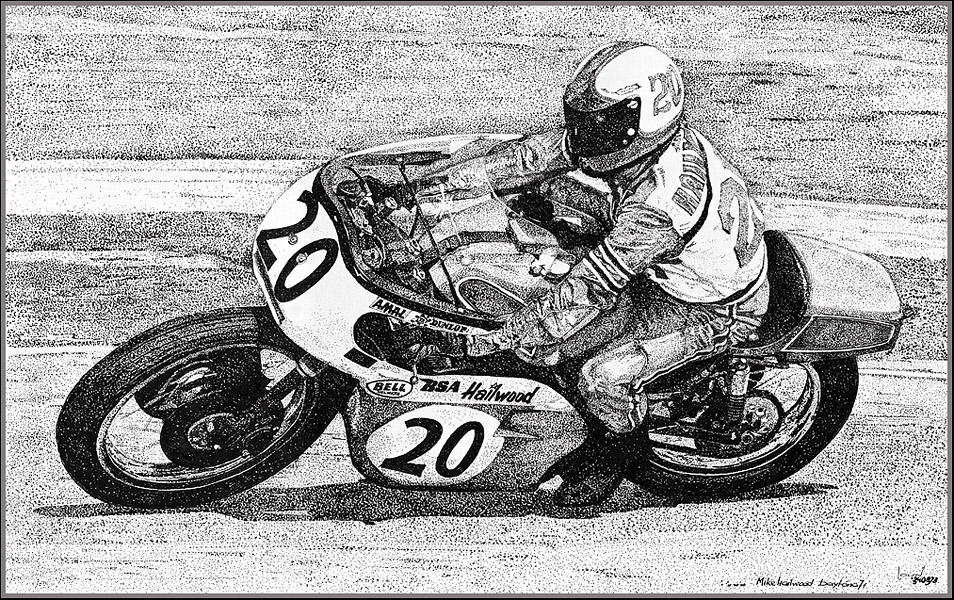 Mike Hailwood on BSA in Daytona
Mike Hailwood on BSA in Daytona  
This drawing of Mike Hailwood was made by my brother Louw in 1973 , it was made with a pen and ink , as you see it's all little dots , he was working on it for 70 hours !

 

