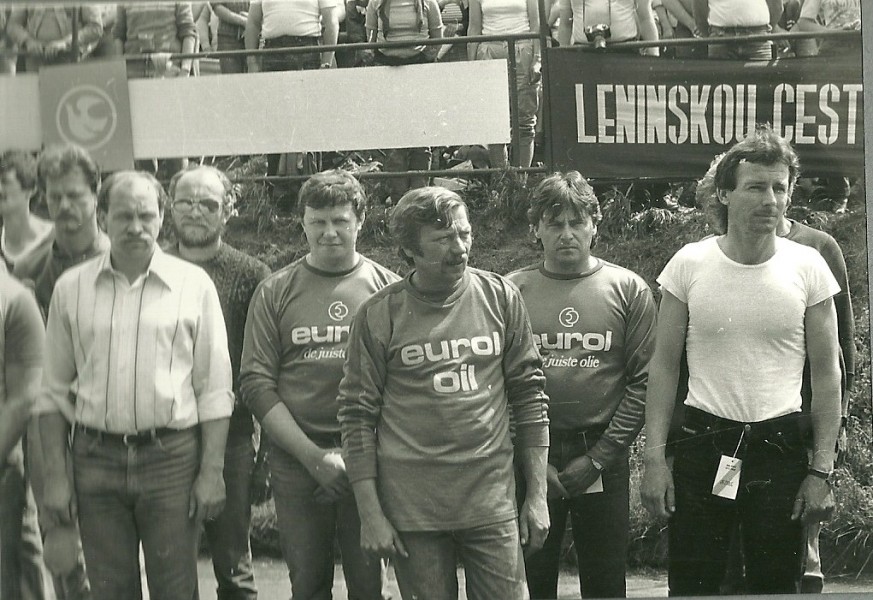 Rijders presentatie Horice 1984 Hans Muller (D) Bohumil Stasa(CZ) Harry(NL) Lothar Neukirchner (DDR).
