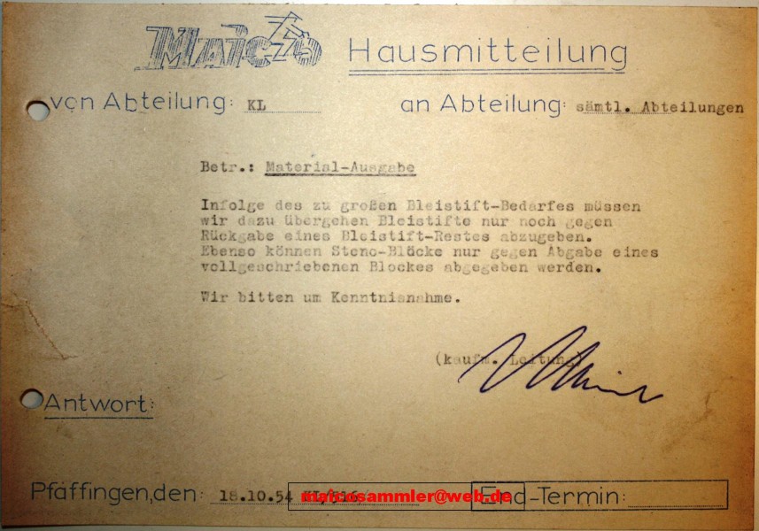 1954  bei Maico: Erziehung der Gefolgschaft zur Sparsamkeit
Schlüsselwörter: Maico-Bleistift