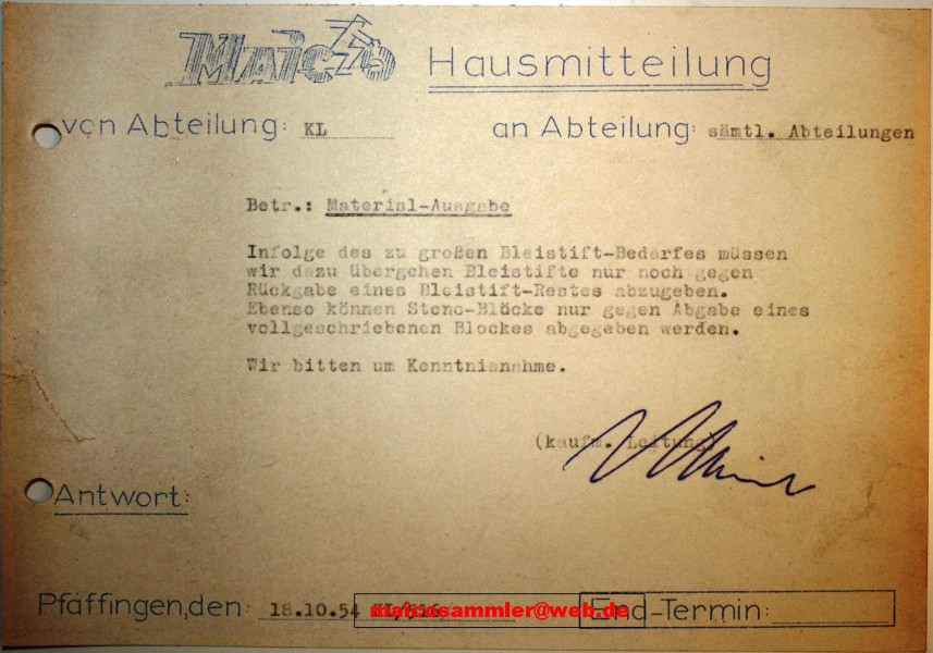 1954  bei Maico: Erziehung der Gefolgschaft zur Sparsamkeit
