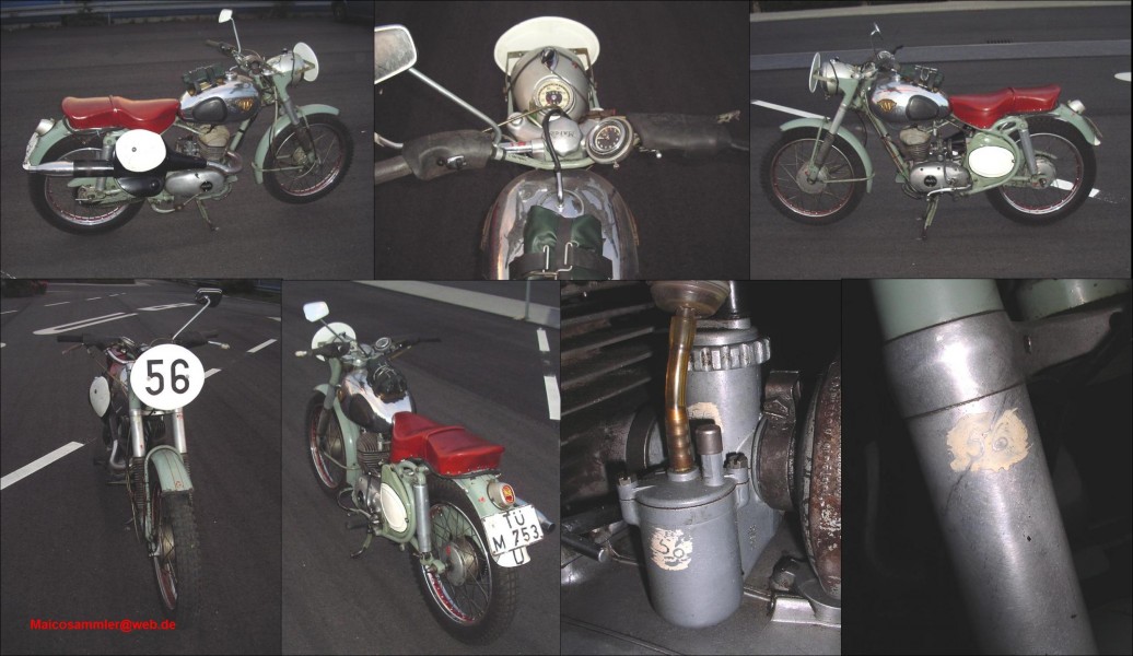 1955 Maico M175 S Sportmaschine
Historie:
27.08.1955: Erstzulassung auf Maico-Werk GmbH
13.-18.09.1955: Trophymaschine von Ernst Deike bei den Sixdays in Gottwaldov (heute Zlín)/ CSSR. Trophysieg der deutschen Mannschaft Deike, von Zitzewitz (Maico 250) und Abt, Brack, Feser (DKW).
Saison 1956: Trainingsmaschine von Walter Aukthun.
1957: Verkauf der Maschine an Wolfgang S. aus Burbach mit dem heute noch montierten 1957er Breitwand-Zylinder und Auspuff, sporadische Einsätze in der deutschen Geländemeisterschaft.
1981-99: Dritter Besitzer: Eckhardt R. aus Nienburg, der die Maschine 18 Jahre gefahren und erhalten hat.
seit 1999: 4. Besitzer: Konservierung und Ersatz verlorengegangener Teile: Wettbewerbstacho, Stoßdämpfer, vordere Startnummerntafel. Die Maschine ist im Originallack mit Ausnahme des linken Seitendeckels.
Ausstattung:  Wettbewerbstacho mit einstellbarem rückwärtslaufendem Kontrollzähler, VDO-Lenkeruhr, Reifenfüllflasche unter dem linken Seitendeckel, Flügelschrauben an Beleuchtung, Vergaser und Limadeckel, Limabelüftung, original erhaltene Farbmarken der tschechischen Abnahmekommission

