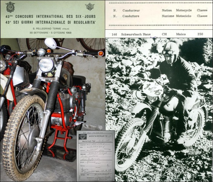 1968 Maico GS250
Gebaut am 18. März 1968 als Werksmaschine. Wegen der Neckermann-Jawa Sportoffensive des Jahres 1968 wurde die Maschine vom vorgesehenen Fahrer Michael Hildebrand nicht übernommen, blieb im Frühjahr im Werk stehen und wurde später an den Schweizer Maicoimporteur Howald ausgeliefert. Erstbesitzer war ab September 1968 Hans Schwarzbach aus Affoltern am Albis, der mit der Maico bei den Sixdays 1968 in San Pellegrino in der Schweizer Silbervasenmannschaft antrat, aber leider früh aus dem Wettbewerb ausschied. 

Auch für den dritten Namen auf der Montagekarte gibt es eine Erklärung: Der deutsche KFZ-Brief war beim Export im Werk zurückgeblieben und kam im Herbst 1968 noch einmal ins Spiel, als Maico dem Fahrer Burchard Lenz für die Sechstagemannschaft der Bundeswehr eine passend zum Brief gefertigte Werksmaschine lieferte. Wegen eines Unfalls trat Lenz mit der nummerngleichen Doublette in San Pellegrino nicht an. Der KFZ-Brief wurde bei der Räumung des Maicowerkes 1987 aufgefunden, der Verbleib der zweiten Maschine ist unbekannt.
