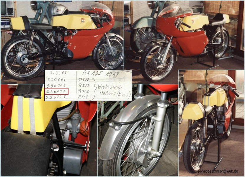 1969 Maico RS125 Produktionsrennmaschine Nr.3 
Die Maschine vom ersten Produktionstag soll lt. Montagebuch 1969 als Werksmaschine verwendet worden sein. Welcher der Fahrer (Gruber, Bernsee, Jansson, Anderson...) sie fuhr ist leider unbekannt.
