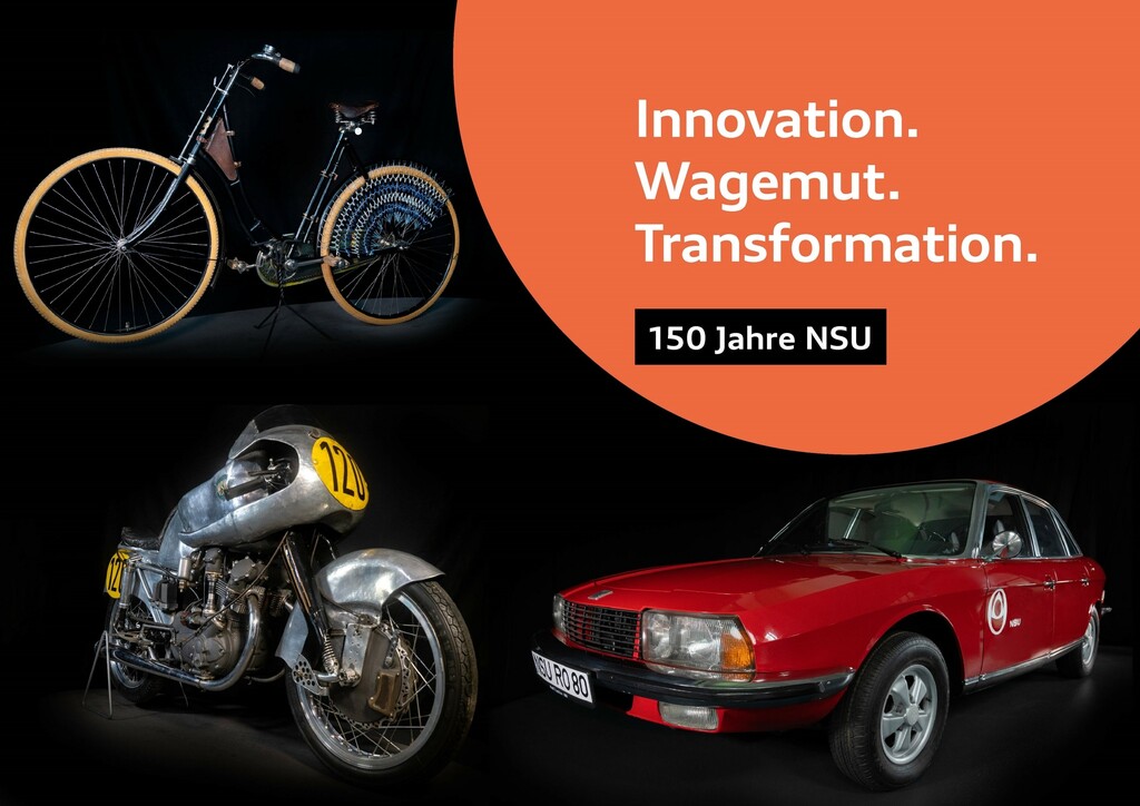 NSU’s history offers a unique perspective on the development of mobility: from the bicycle to the motorcycle to the car. The special exhibition “Innovation. Wagemut. Transformation. 150 Jahre NSU,” created by Audi Tradition and the Deutsches Zweirad- und NSU-Museum Neckarsulm, will be on display from June 14, 2023 to May 5, 2024 at the Audi Forum in Neckarsulm and the Deutsches Zweirad- und NSU-Museum.